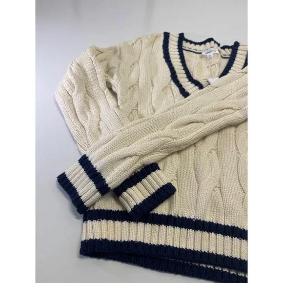 NWT Johnnie-O Women's XS Varsity Cable Knit Cotton Sweater Vanilla Navy V Neck - Picture 4 of 9